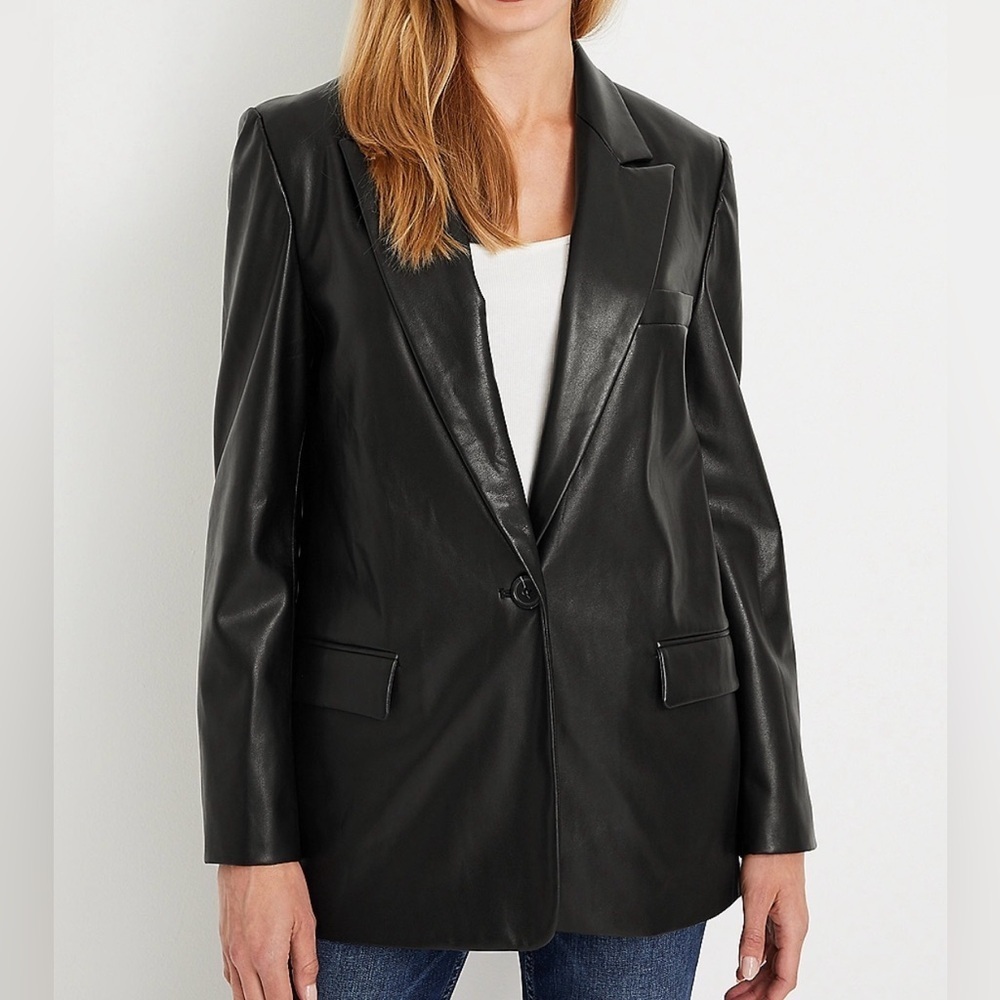 Vigoss Black Faux Leather Mid Length Blazer Jacket Medium